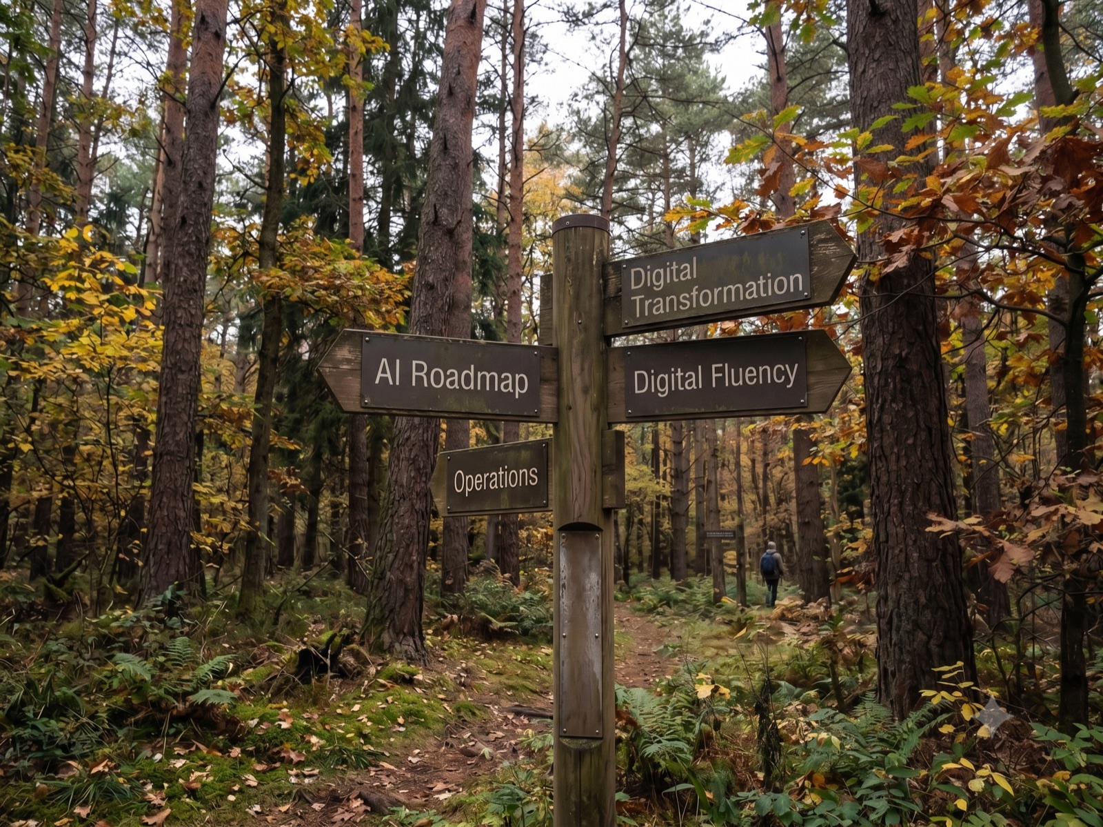 Forest signpost pointing to Digital Transformation, AI Roadmap, Digital Fluency and Operations